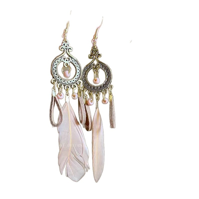 Super fairy tassel long ear hook summer retro ethnic Bohemian earrings travel photo feather travel earrings Item Picture