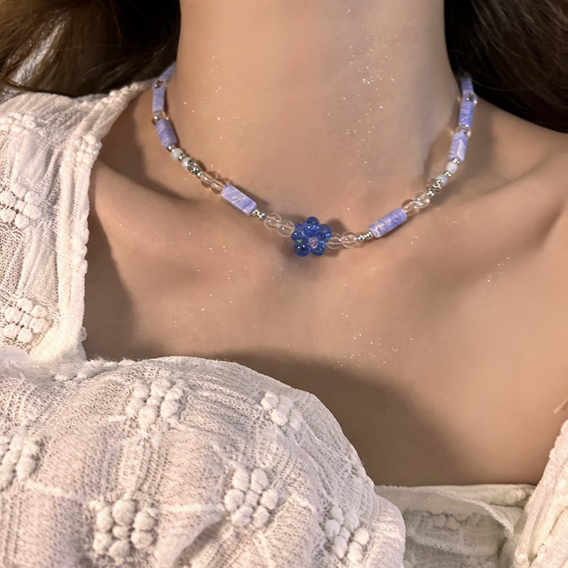 Flower multi-element millennium collarbone chain niche necklace for women, irregular beaded necklace, unique, sweet and cool girl blue details Picture