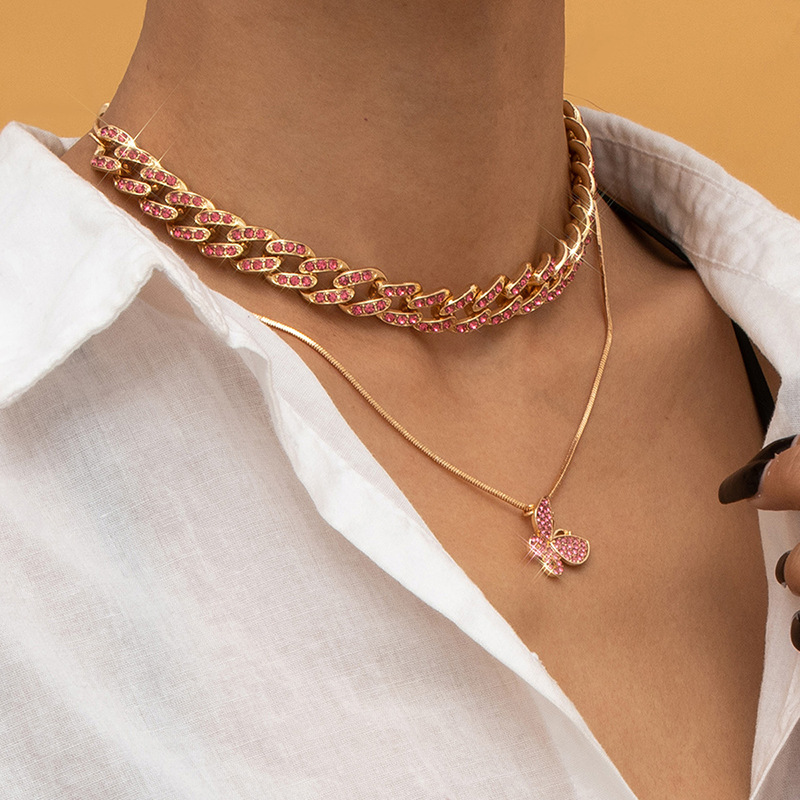 European and American cross-border jewelry, retro butterfly rose gold collarbone necklace, simple Cuban clasp snake bone chain necklace details Picture