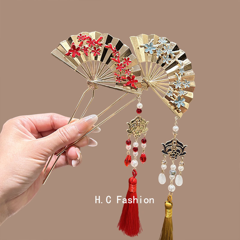 New Chinese-style fan-shaped tassel hairpins for women, a niche and high-end U-shaped hairpin, a cheongsam ancient-style hairpin accessory details Picture