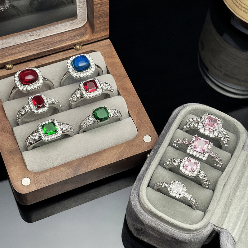 A new cross-border product, a square diamond candy-colored, fashionable and elegant open-top ring with a cold female style, a sweet and cool personality, and a high-end feel full figure