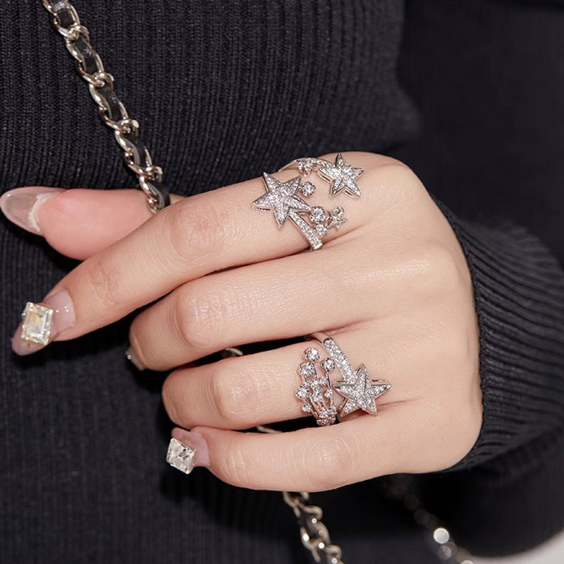 Niche design: Starry Sky Full Diamond Zircon ring stud set, Hot girl fashion Meteor Light Luxury Trendy ring Specification drawing