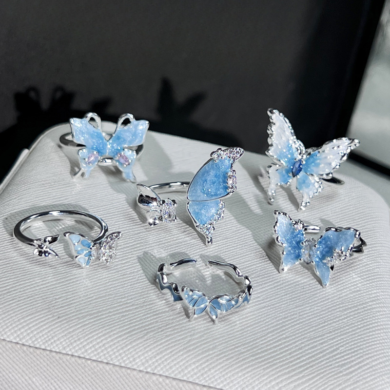 The trendy liquid butterfly fashion glacier lake blue fine sparkling drop glaze open ring is a simple, sweet and cool atmosphere ring for women Application Scenario