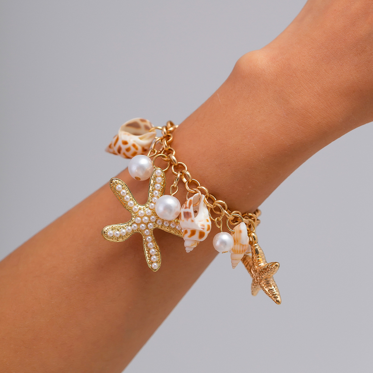 European and American cross-border jewelry Bohemian beach shell alloy necklace, starfish and conch pendant, collarbone chain set Specification drawing