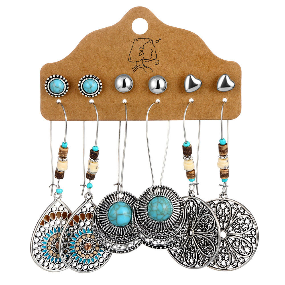 European and American earring set, cross-border Amazon vintage earrings, long tassel leaf ethnic style alloy women's earrings Item Picture