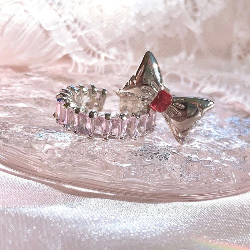 Japanese-style pink bow, pink diamond zircon ring with adjustable opening, sugar cube micro-set ring, sweet and trendy feminine jewelry details Picture