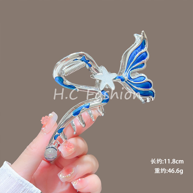 New niche design metal gripper, large deep-sea blue fishtail gripper, pearl style shark clip at the back of the head Specification drawing