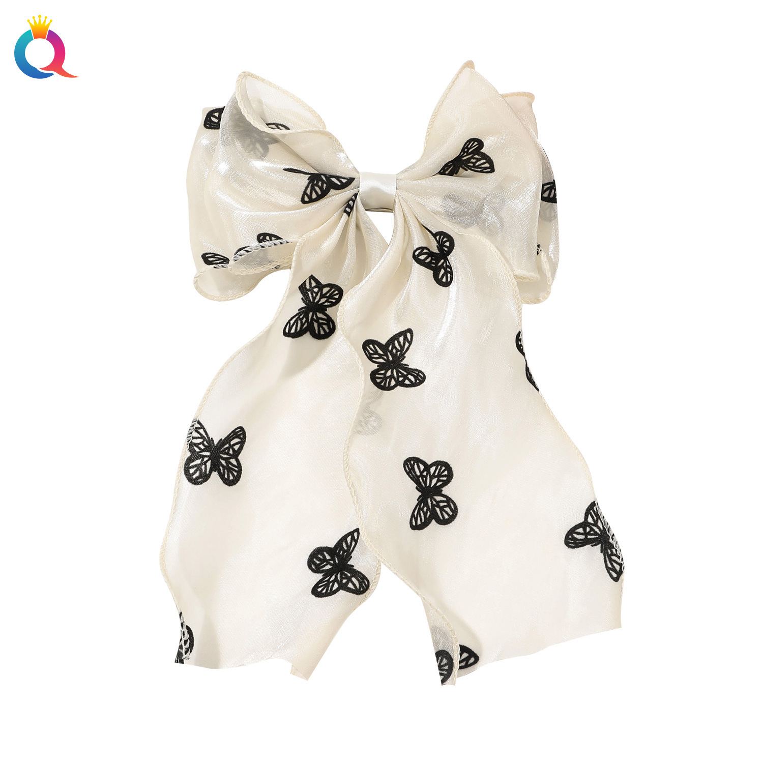 Qiyue European and American cross-border fashion bow hair clips, high-end beige mesh ribbon spring hair accessories wholesale Item Picture