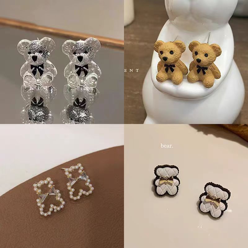In 2025, sweet cartoon cute bear stud earrings for women on Instagram, trendy Korean style, unique and stylish design, versatile earrings full figure