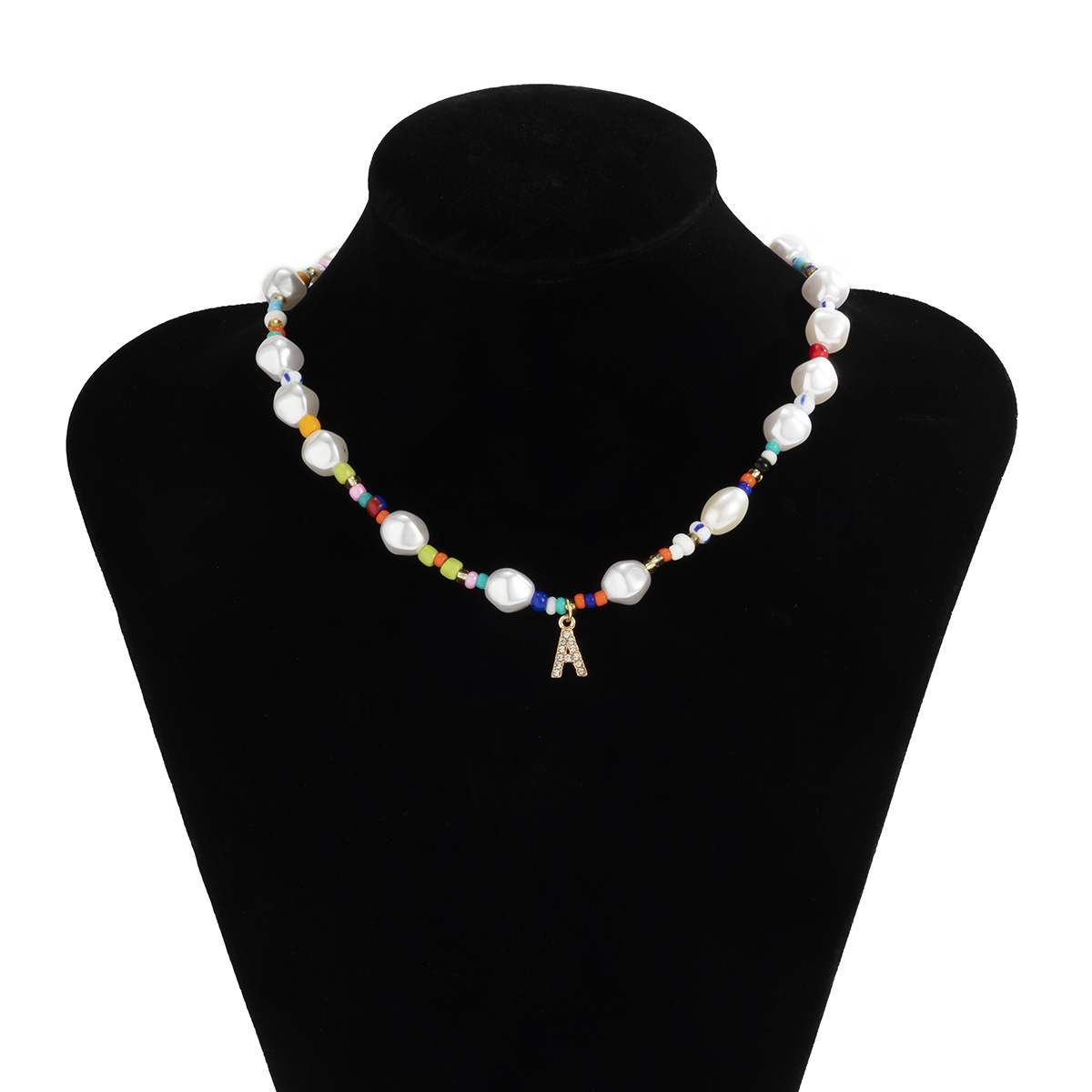 Ethnic style, unique color contrast, pearl-like short collarbone chain necklace, European and American geometric letter A pendant, a niche necklace Item Picture
