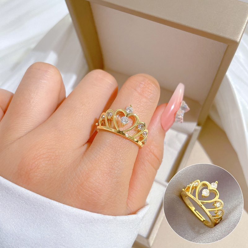 【 Real Gold 】 Crown perforated fashion ring with adjustable opening, simple jewelry, Japanese-style ring couple rings full figure