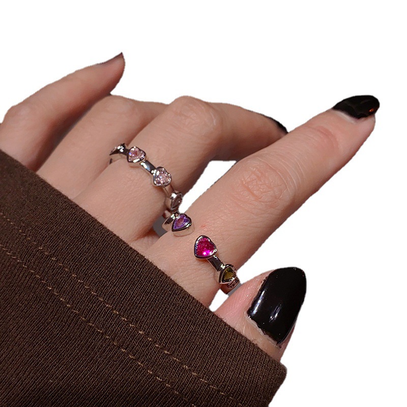 French light luxury and niche design heart-shaped colored diamond zircon open ring for women's 2023 new trendy and simple index finger ring Item Picture