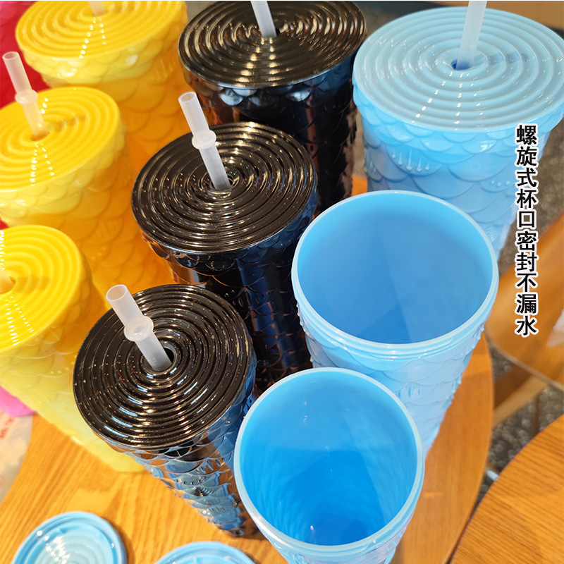 Cross-border fish-scale car cup three-piece set AS plastic car king straw water cup Outdoor office milk tea cup details Picture