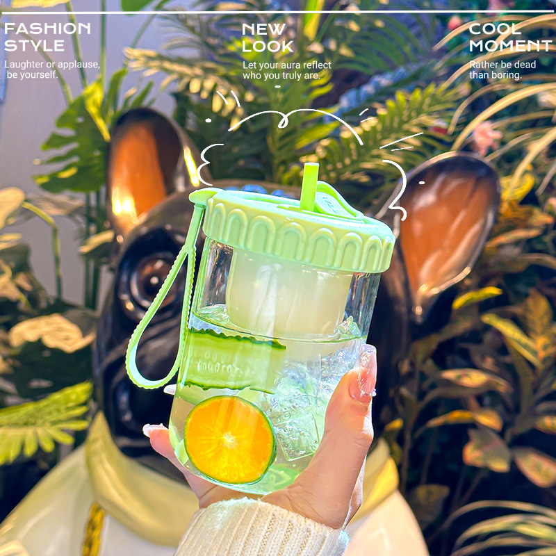Glass cup for girls with tea strainer, large-capacity straw cup in ins style, household high-temperature resistant, office summer water cup Specification drawing