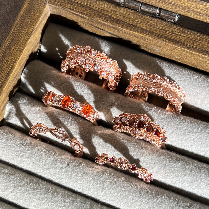 High-end accessory: A rose gold starry sky micro-set diamond open-mouth ring for women, fashionable layering and versatile ring trend details Picture