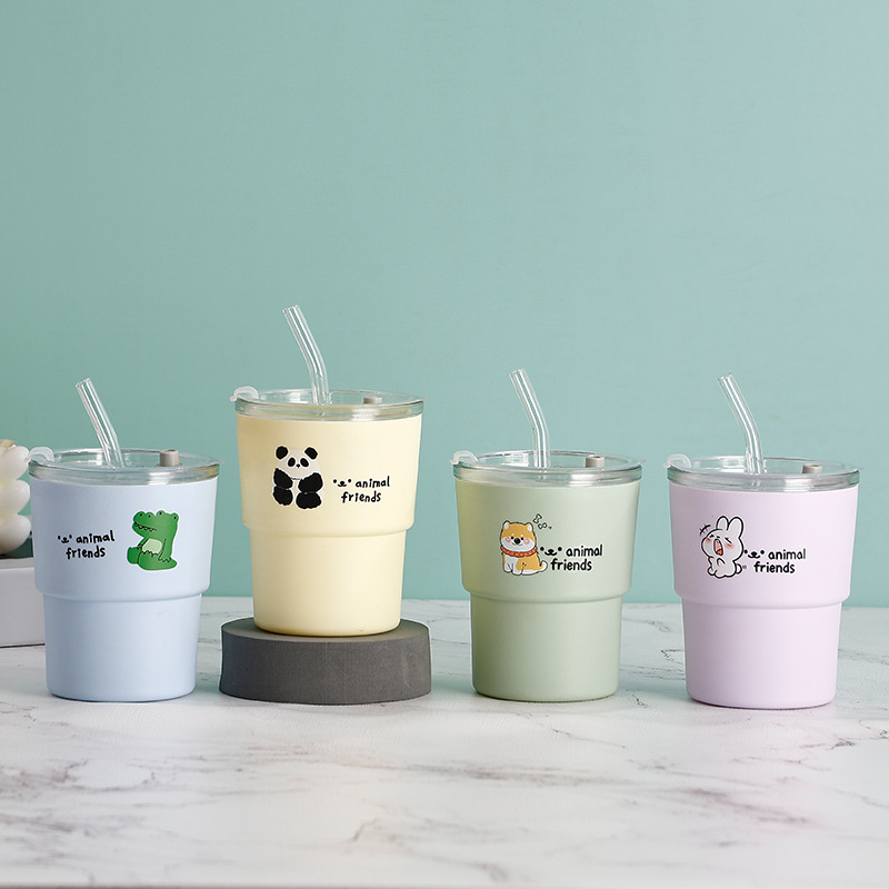 Cartoon glass coffee cup, girls' high school appearance level, double-layer water cup with straw, mug with lid, anti-scald water cup, beverage cup details Picture
