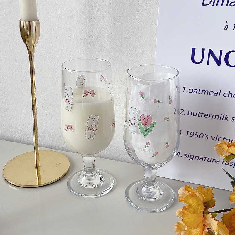 Bolimei cartoon-style glass cups, tall glasses, girlish breakfast juice cups, milk water cups, rabbits full figure