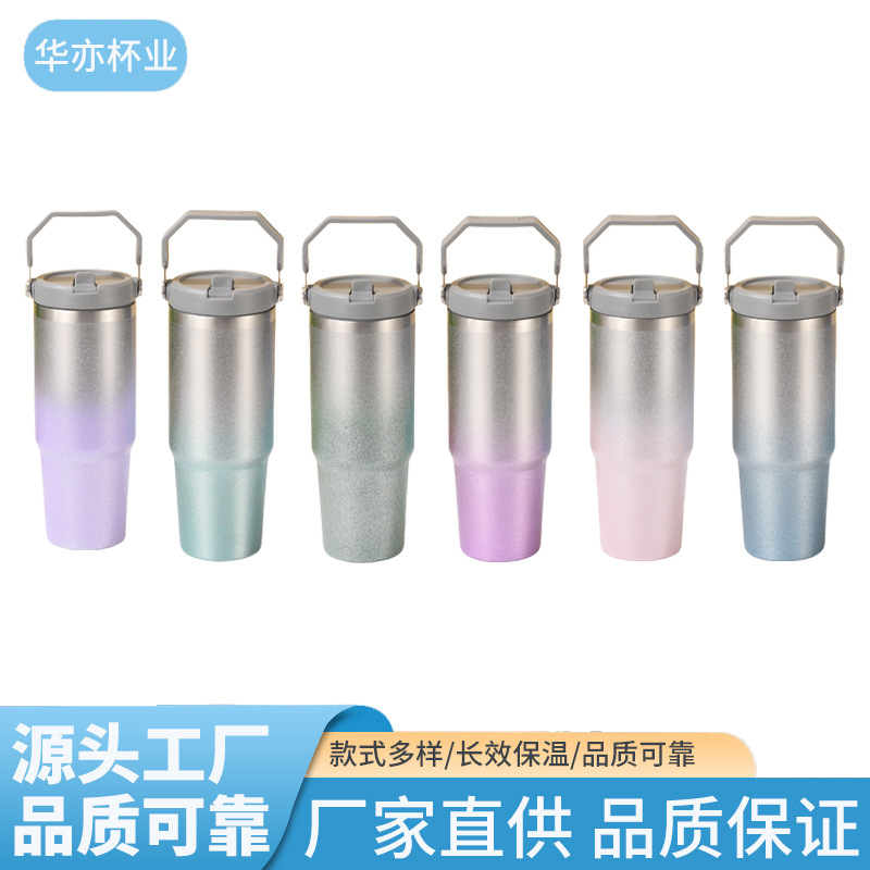 30oz single-drinking handle cup, 304 stainless steel diamond paint surface car cup, large-capacity cold and heat preservation insulated cup full figure