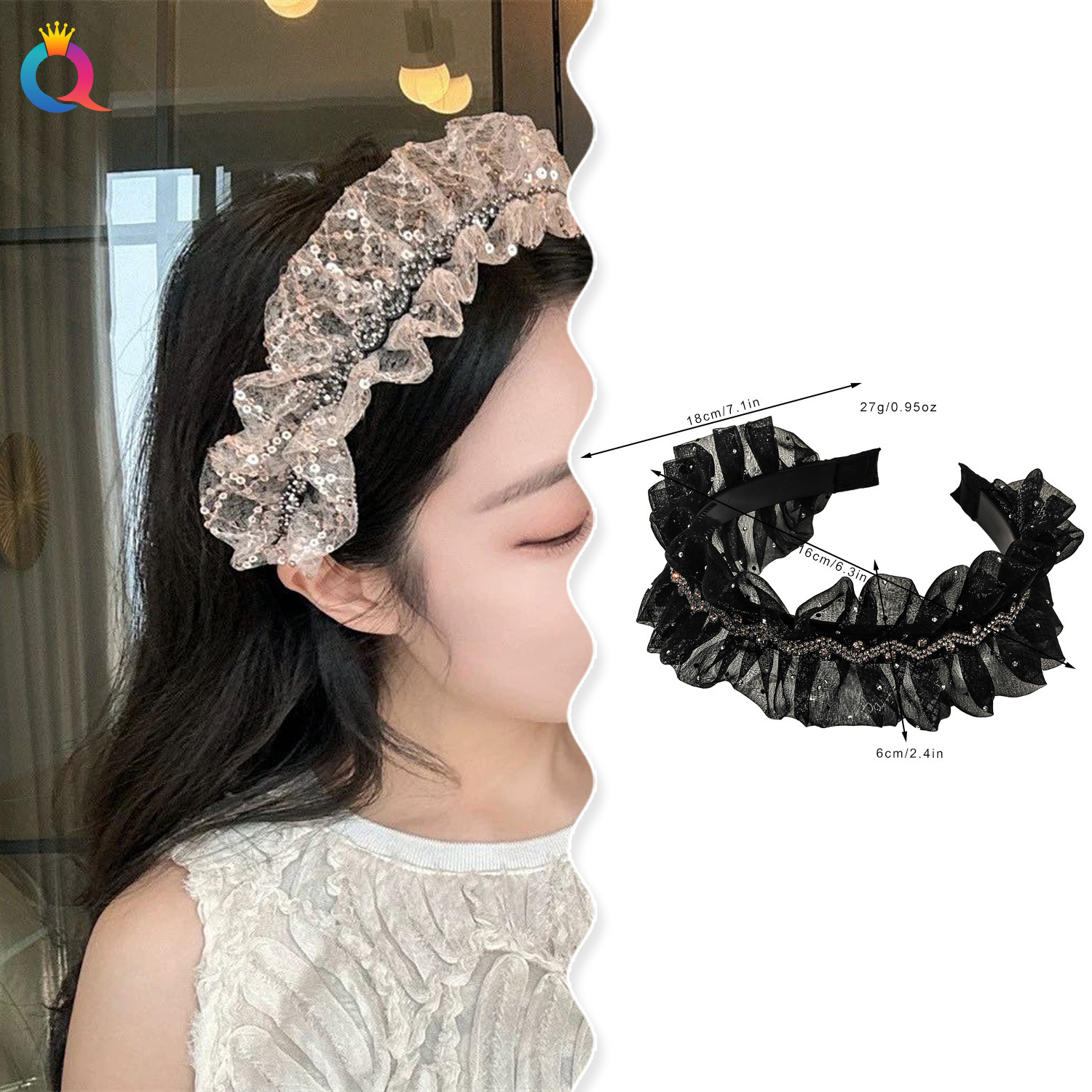 Qiyue's niche hair band with a high-end feel, wide-edge pleated water diamond headband, tall women's cranial top style, and crushed hair clip wholesale details Picture