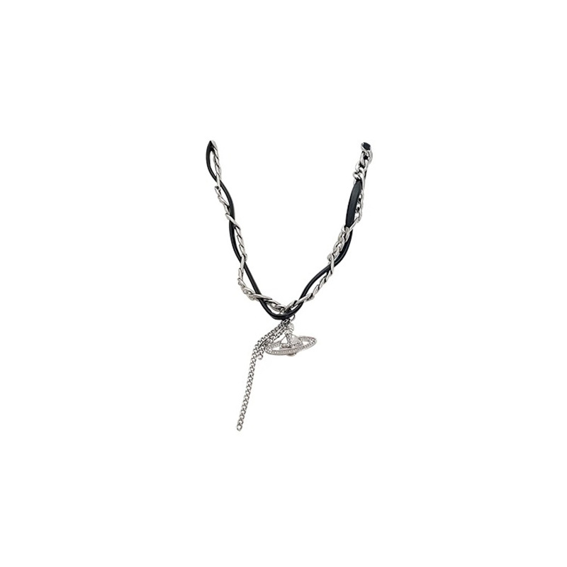 Sweet and cool black leather rope Saturn Planet necklace 2023 new style collarbone chain women's neck accessory necklace Item Picture