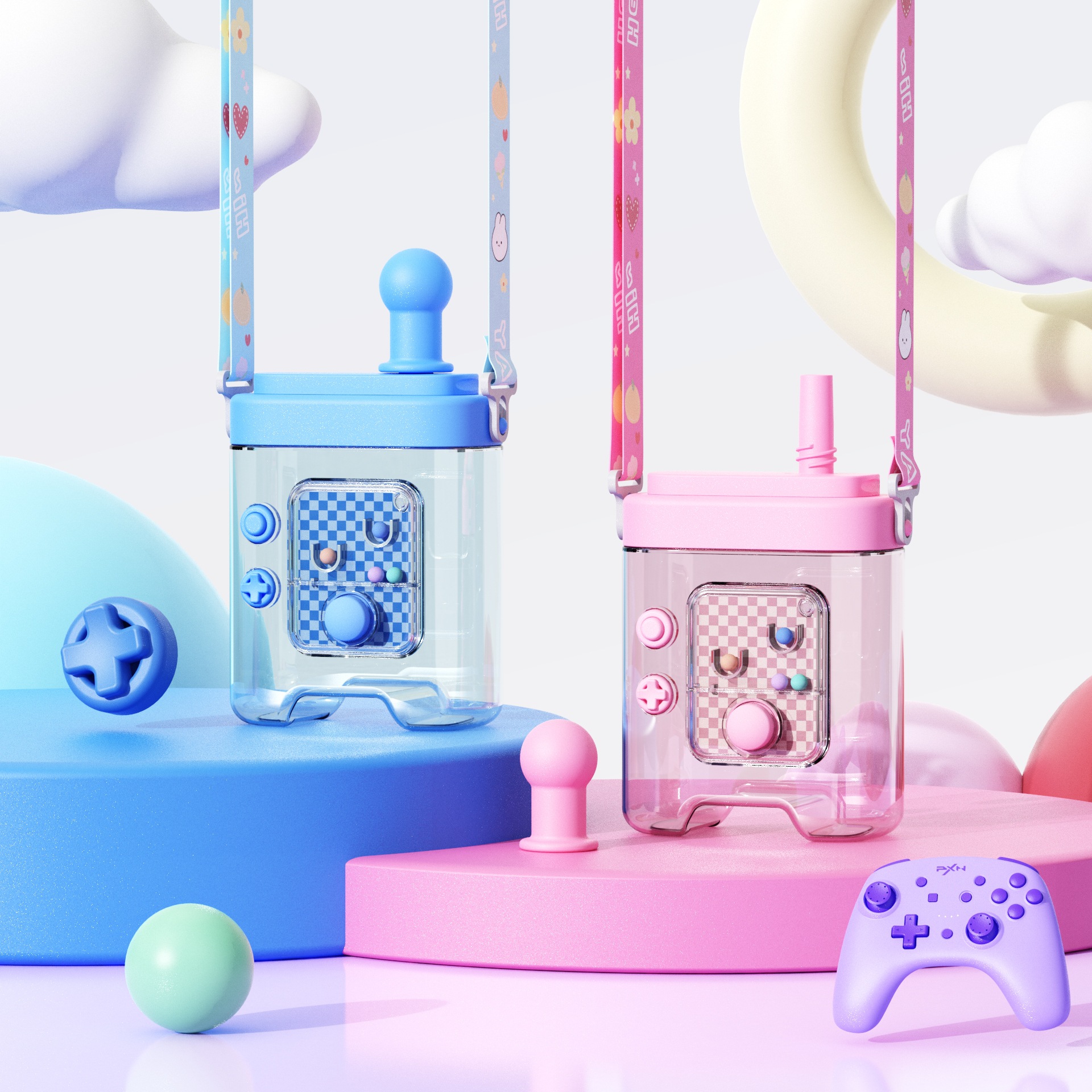Summer cross-border e-commerce high appearance level creative fun game console plastic water cup straw Portable crossbody strap water bottle Specification drawing