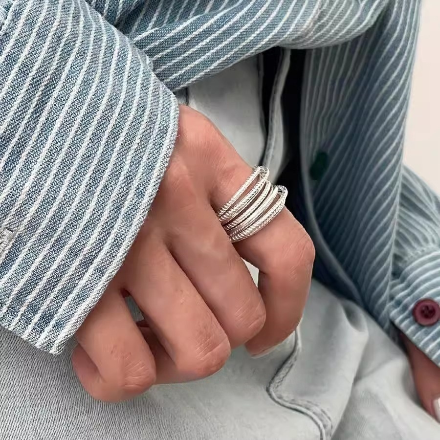 Layered heavy industry multi-layer threaded smooth line ring for women, 925 silver, niche design, high-end open ring full figure