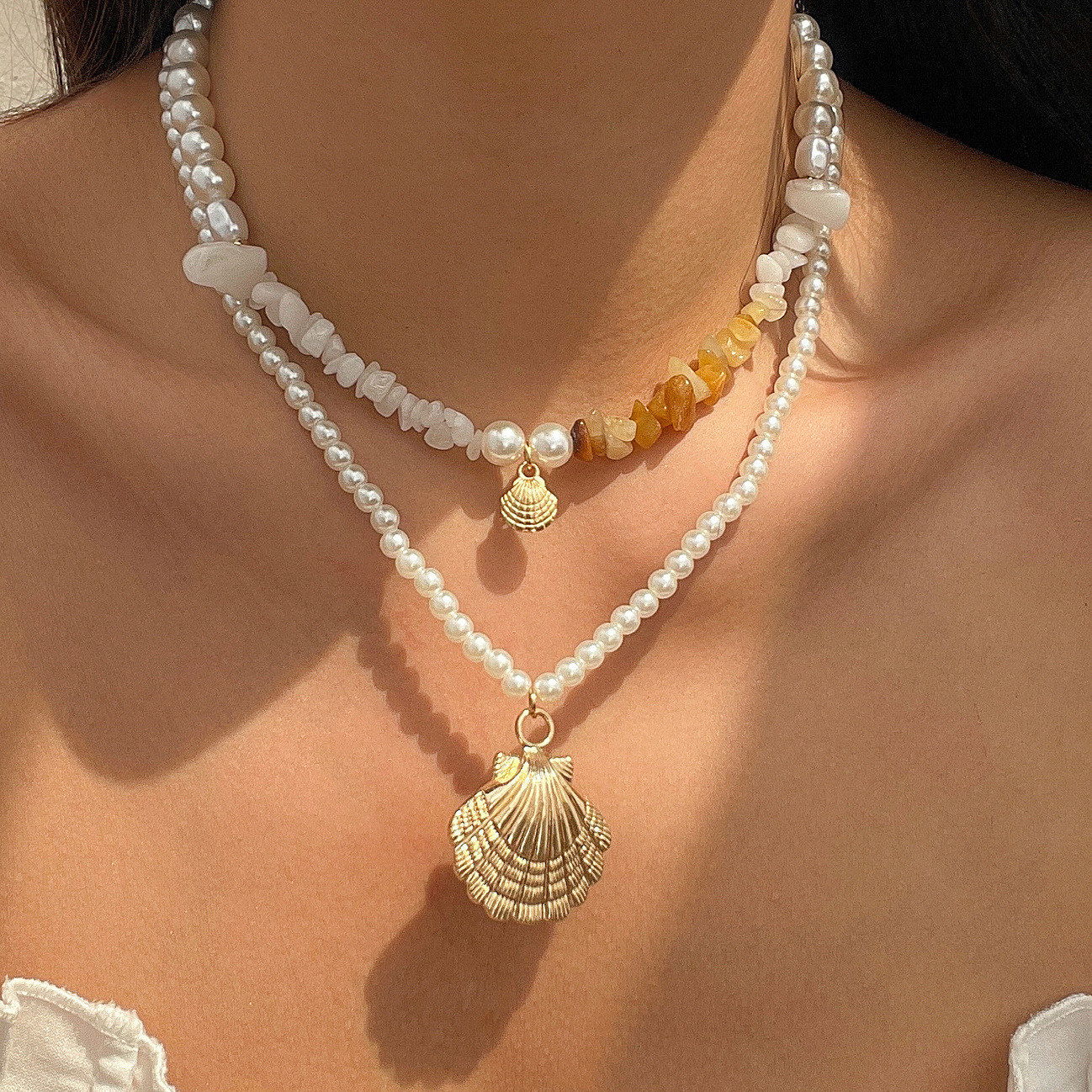 European and American cross-border jewelry beaded shell ocean style retro necklace crushed stone baroque imitation pearl necklace full figure