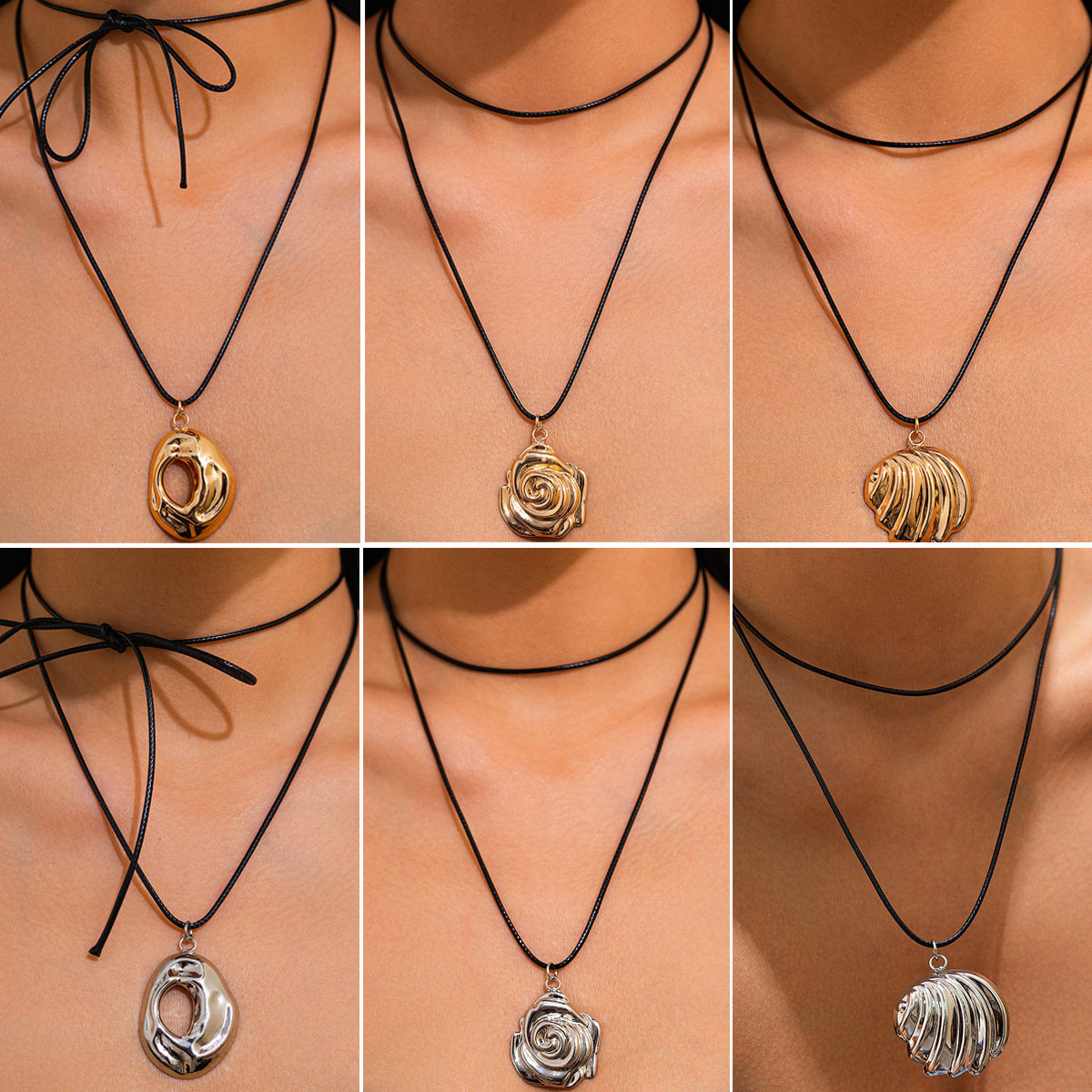 European and American cross-border accessories hip-hop irregular hollowed-out pendant necklace trendy geometric leather wax thread necklace full figure