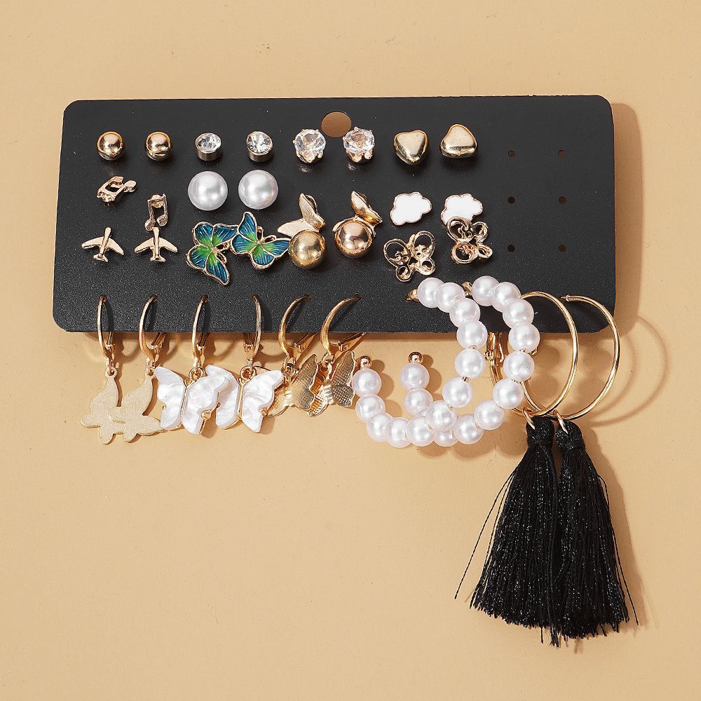 Cross-border earrings Butterfly Pearl Zircon heart Stud set 16 pairs simple earrings earrings set batch Application Scenario