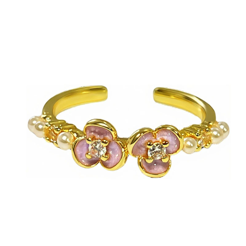 A pinkish-purple enamel flower ring set with female pearls, sweet, cool, versatile and gentle, with a niche design sense of light luxury Item Picture