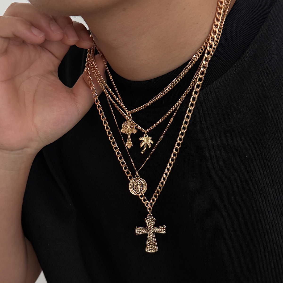 European and American cross-border jewelry punk hip-hop style cross pendant necklace, metal thin chain, stacked collarbone chain for women Specification drawing