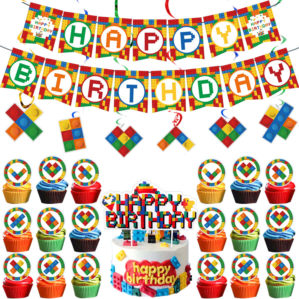 Lego party supplies, LEGO triangular flag paper hat tablecloth, boys' birthday supplies, children's birthday full figure