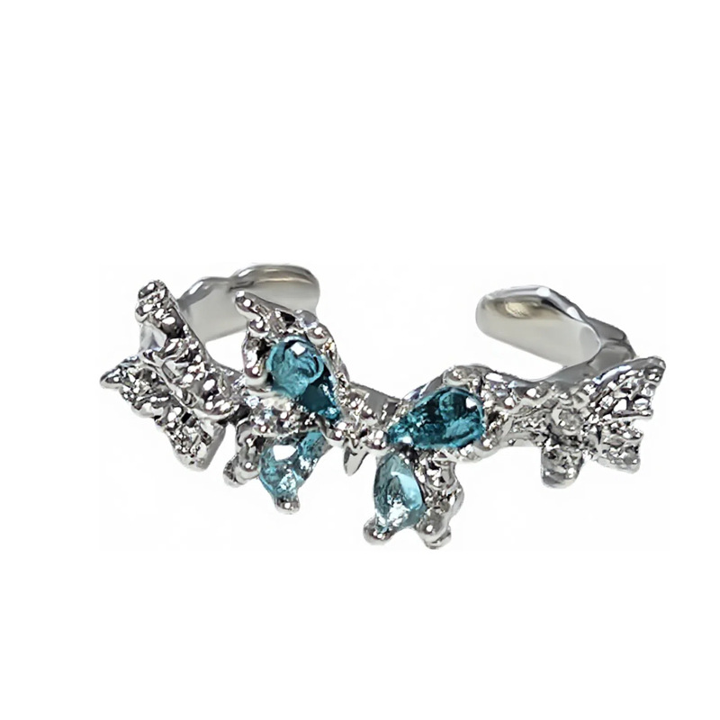 The layered and unique design of the sweet and cool purple diamond and sea blue zircon butterfly ring is a light luxury and cold summer accessory for women Item Picture