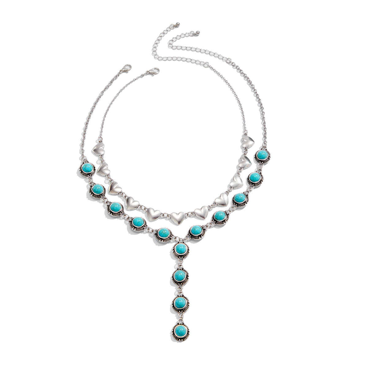 European and American cross-border jewelry, ins cross turquoise heart pendant necklace, punk alloy layered beaded necklace Item Picture