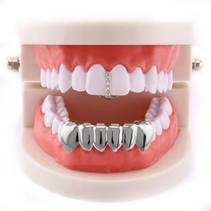New hiphop glossy single zirconia set, European and American hip-hop braces, decorative glossy set, Vampire gold braces details Picture