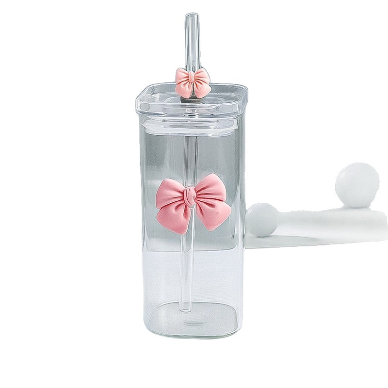 Double bow square glass water cup, high appearance level, heat-resistant new straw type high borosilicate office beverage cup Item Picture