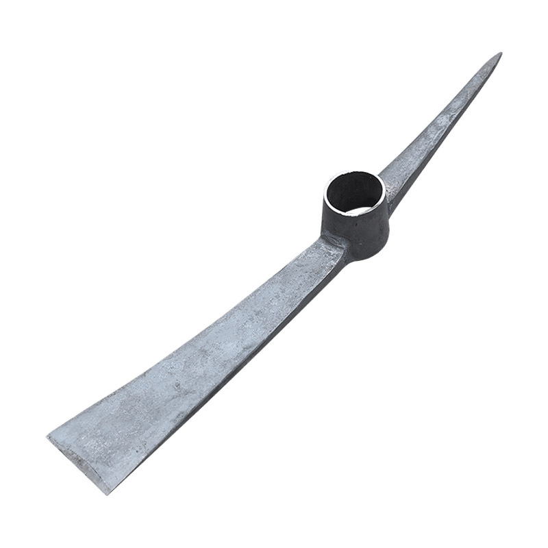 A large, thickened manganese steel pickaxe with a pointed and flat head and handle for digging piles Item Picture
