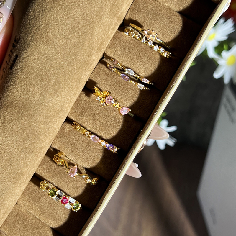 New light luxury student sweet slightly inlaid colored diamond open ring for women, double-layer exquisite, fashionable, niche and cold style ring Specification drawing