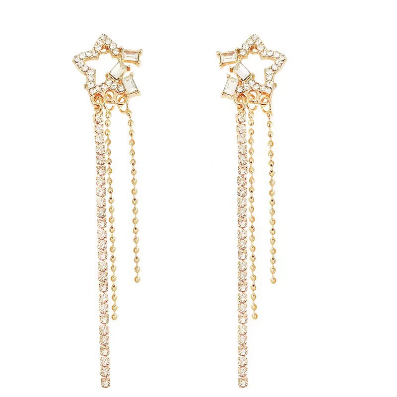 Long star tassel stud earrings for women, light luxury, high-end and versatile, sparkling diamond earrings, ins trendy, trendy and niche design ears Item Picture