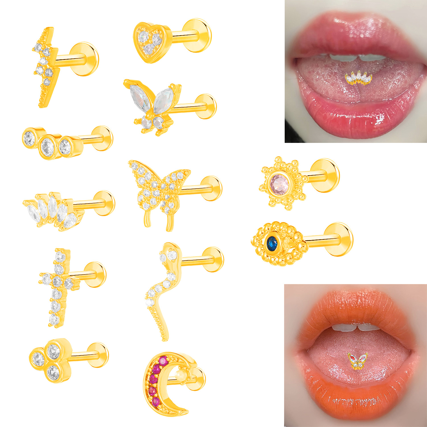 New European and American diamond-encrusted heart-shaped butterfly nose ring and nose decoration creative star moon lightning pendant nose ring piercing accessory details Picture