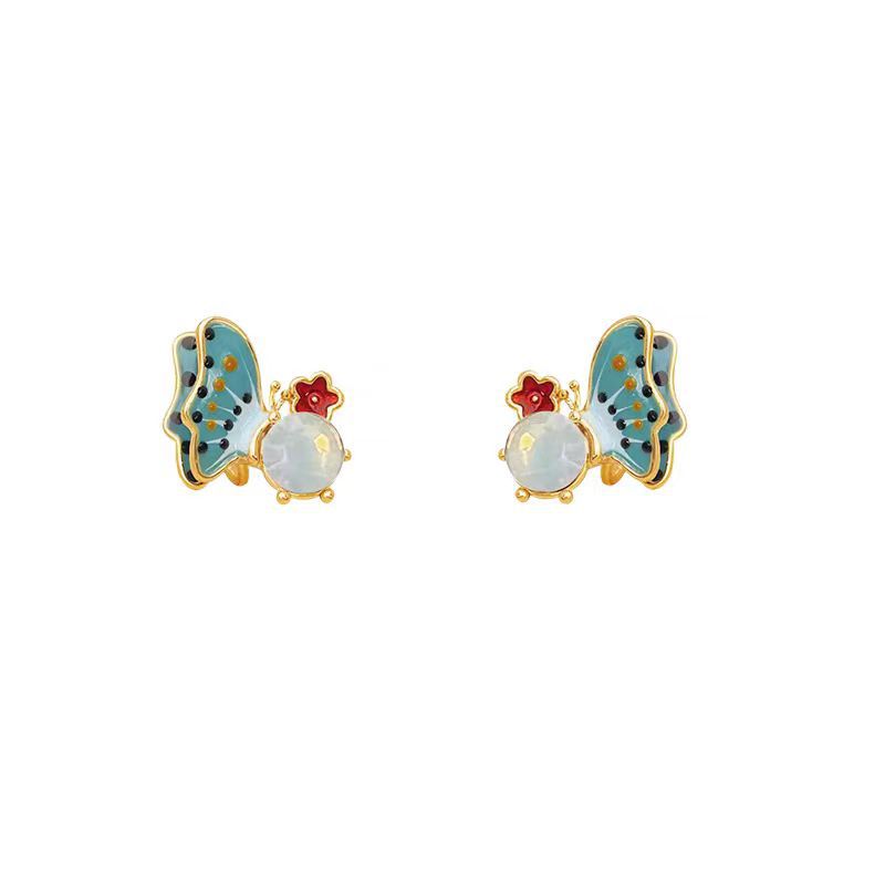 Enamel oil-dripping texture butterfly stud earrings with silver needles, fresh and sweet style, Korean-style high-end and versatile earrings Item Picture
