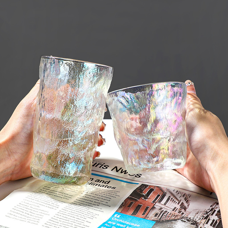 High-appearance-level InS-style iride-colored glass glacier cups, simple household light luxury seven-color tree-patterned beer mugs factory wholesale Specification drawing