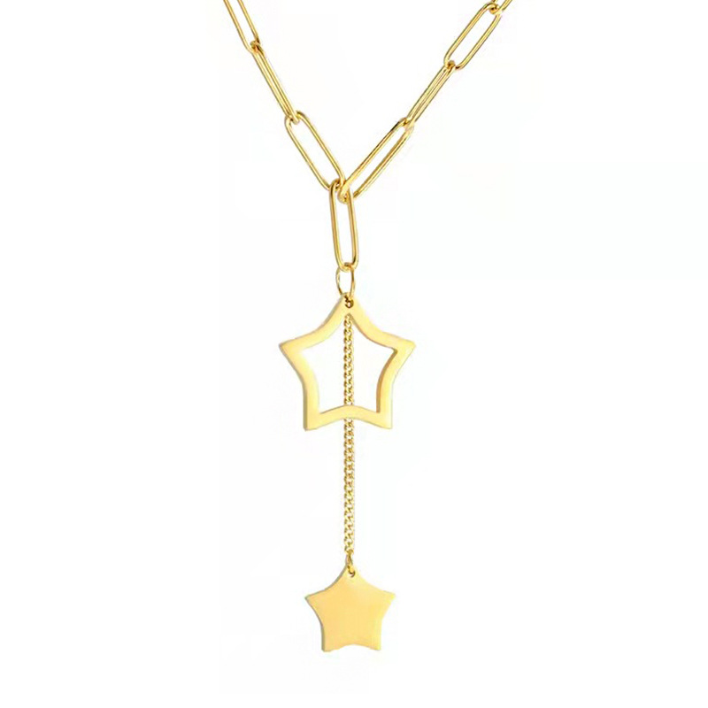 Commuting five-pointed star titanium steel non-fading necklace, 18K gold design, tassel collarbone chain, a versatile hair accessory Item Picture