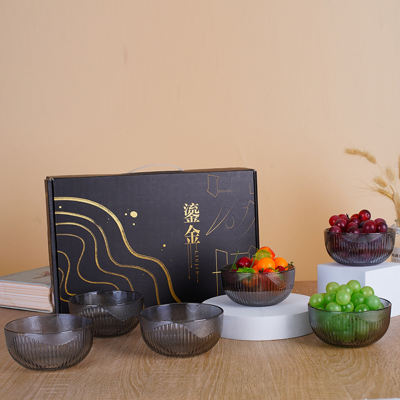 Golden glass bowl four-piece set, Nordic-style grey rice bowl, household salad bowl set, festival event gift details Picture