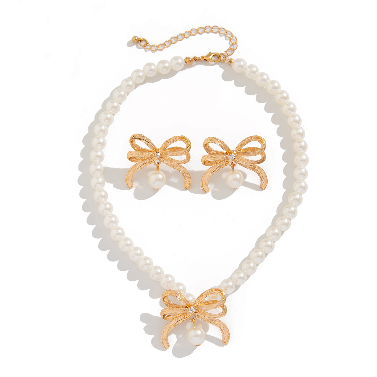 European and American cross-border jewelry, fashionable imitation pearl beaded necklace set, light luxury style alloy bow collarbone chain Item Picture