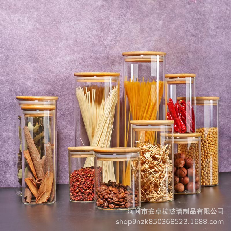 Round bamboo and wood lid high borosilicate glass sealed jar, straight cylinder tea jar, dry fruit, snack and grain storage jar details Picture