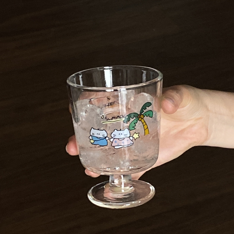ins cute cartoon summer coconut tree cat tall cup, niche and simple milk cup, dessert cup, Chinese style details Picture