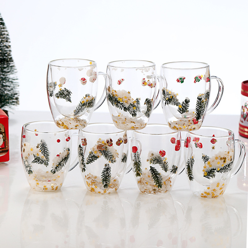 Customized high borosilicate glass double-layer coffee cups with handles and spoons, water cups with high appearance level, Christmas creative cups wholesale details Picture