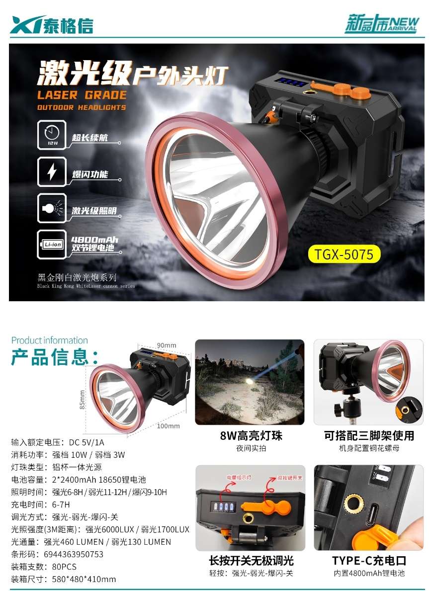 Tegxin Outdoor Camping mountain lithium Battery rechargeable multi-functional headlamp TGX-5075 Outdoor rechargeable headlamp Specification image