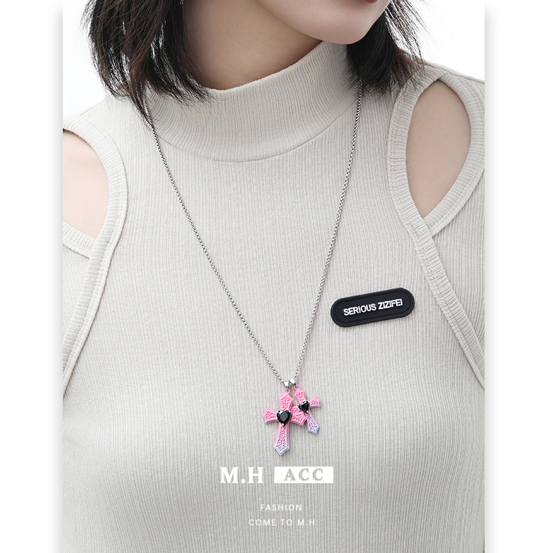 Cross-border pink and blue cross necklace, women's retro hip-hop European and American style pendant, fashionable and versatile long necklace wholesale details Picture